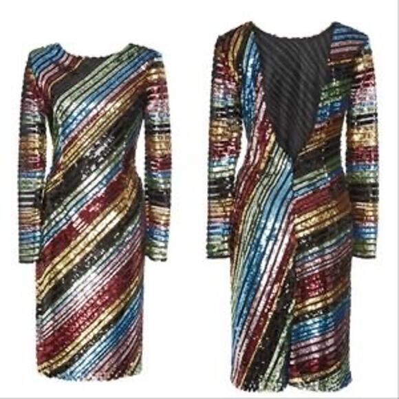 ALCOOLIQUE Peyton Tubolar Black Rainbow Stripe Sequin Mesh Backless Mini Dress10 - Picture 3 of 16